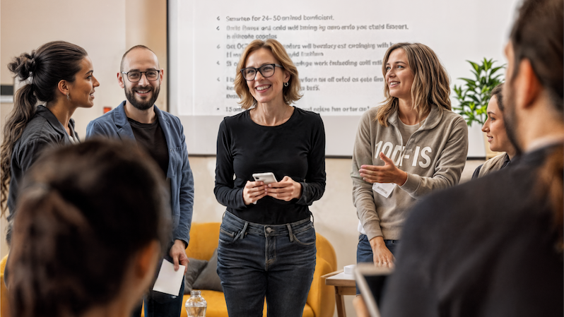 Mehrere Erwachsene stehen in einem Kreis. Hinter ihnen wird eine Präsentation auf eine Leinwand projiziert. Die Personen halten Zettel in den Händen und scheinen sich in einem Gespräch zu befinden.